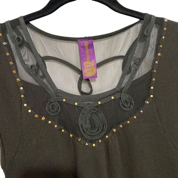 Free People Goth Black Tunic Size XS Lace Neck Stud Accents Raw Hem Layered - Picture 2 of 11